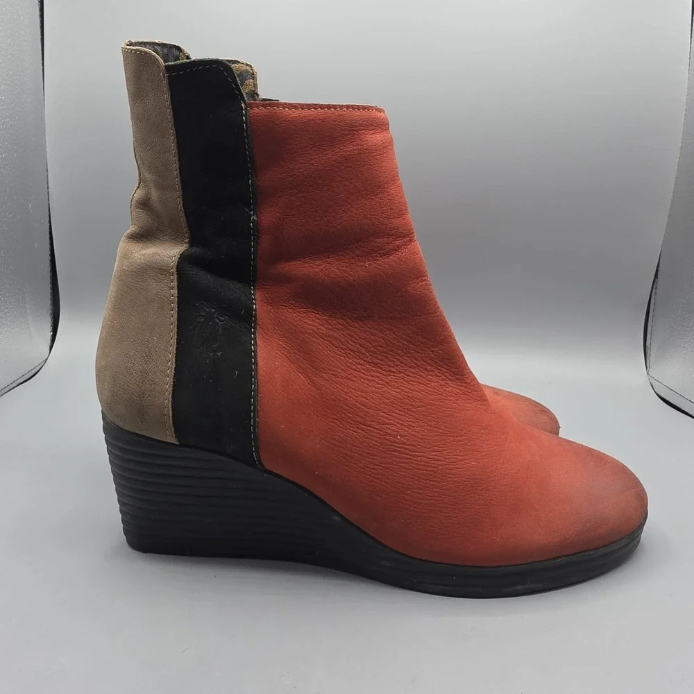 Fly London Booties Womens 39‎ Red Orange Brown Leather Distressed Wedge Zipper